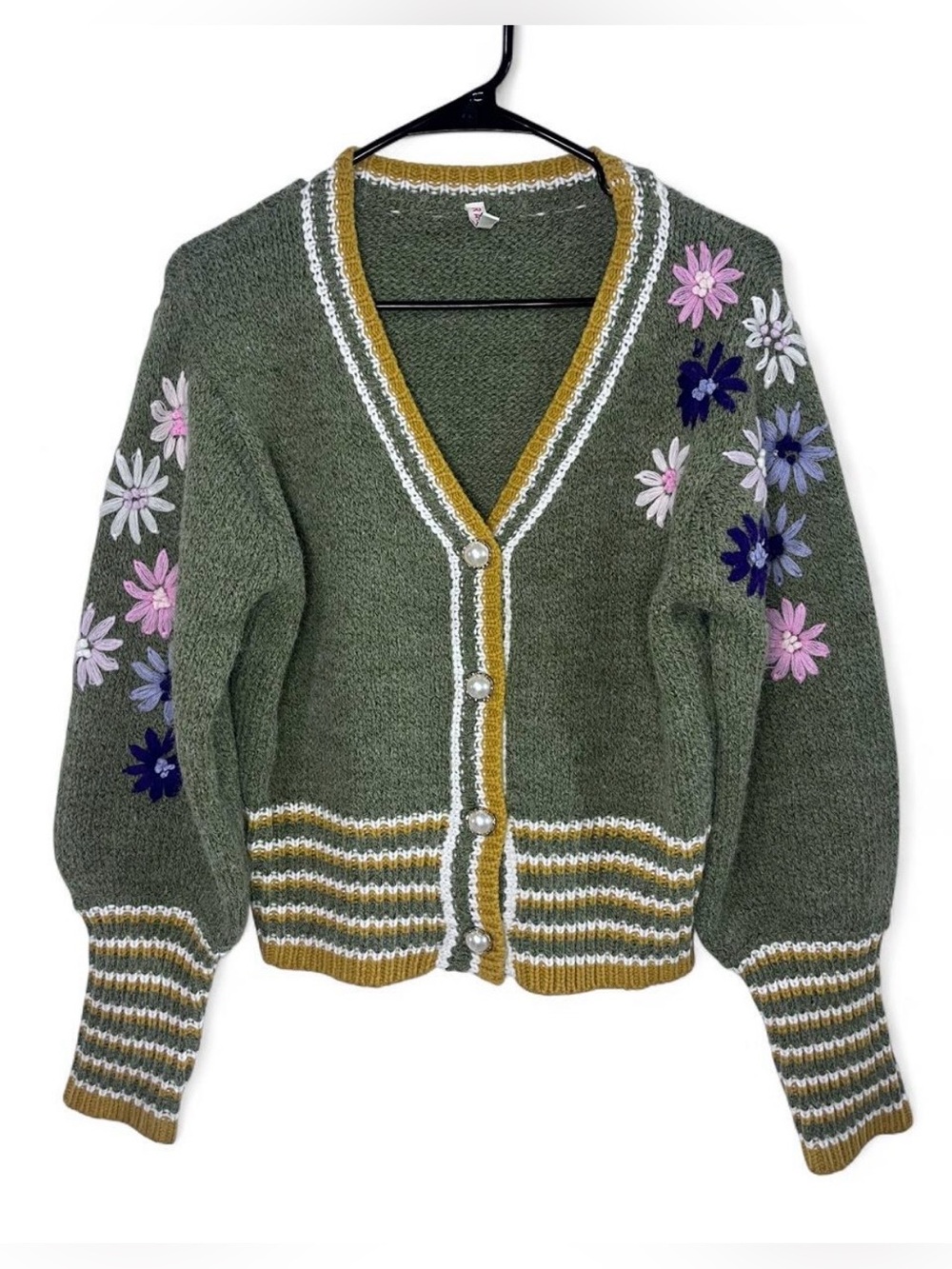Raga Embroidered Floral Cardigan Small Pearl Button Boho Cottagecore Sweater